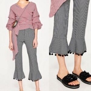 Zara Gingham Bell Bottom Pom Pom Cropped High Waist Pants